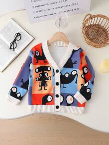 Chaqueta de punto de niña con estampado de grafiti de bloque de color - Multicolor - Ver 1