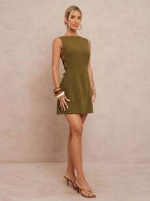 Lumalex Abito mini a-line smanicato con scollo a v, arricciato in vita con decorazioni di perline