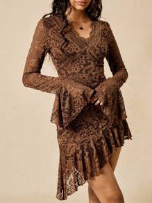 Easelle 蕾丝棕色连衣裙迷你长袖喇叭袖不对称蕾丝波西米亚风西部游牧风连衣裙喇叭长袖秋冬搭配复古 - 咖啡 - 查看 5