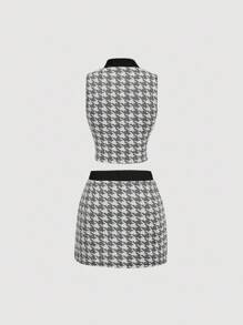 SHEIN MOD Black & White Houndstooth Printed Bow Decor Sleeveless Top And Mini Skirt Elegant 2 Pieces Set - Black and White - View 2