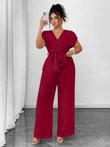 Elenzga 大码夏季优雅纯色衬衫和裤子两件套 - 酒紅色 - 查看 1