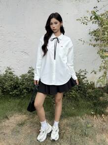 SHEIN Loose Casual Comfortable Butterfly Embroidered Collar Long Sleeve Shirt, Suitable For School Back To School Season, Teen Girls - White - View 3