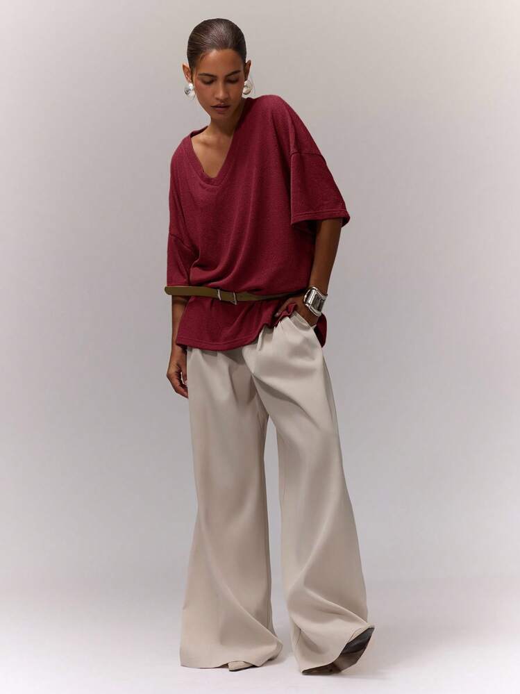 MUSERA V领宽松上衣 休闲度假 日常可爱宽松T恤 机场返校 秋季优雅 春夏假日 - 酒紅色 - 查看 4