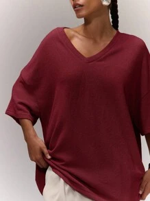 MUSERA Áo thun cổ chữ V dáng rộng, phong cách thường ngày, thoải mái, dễ thương, thích hợp mặc đi sân bay, đi học, mùa thu, mùa xuân, mùa hè, ngày lễ. - Màu Đỏ Sâu - Xem 5
