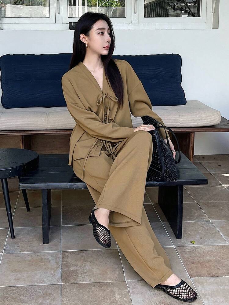 2pcs Women Casual Commuter Solid Color Shirt And Drawstring Pants Suit