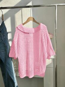 SHEIN EZwear Plus Size Women's Casual Solid Color Hollow Out Collared Short Sleeve Sweater Top, Yellow Summer Top In Fall/Winter - Pink - View 2