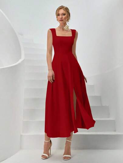 CLARA VERO Woman Solid Color Woven Spring Summer Vacation Holiday Outfits Long Dress Shirt Dress Straped Low V Waist Side Slit Volume Dress