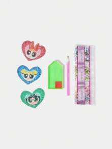 THE POWERPUFF GIRLS X SHEIN Tranh đính đá hình trái tim với họa tiết hoa, bong bóng, hoa mao lương - Nhiều màu - Xem 3