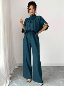 Lyxana 春夏最新款蝙蝠袖黑色设计感宽松优雅飘逸金色蕾丝女连体裤 - 墨綠色 - 查看 6