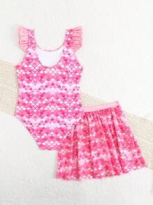 青少年女孩美人鱼鳞片印花连体泳衣，带网眼裙，适合度假穿着 - 彩色 - 查看 2