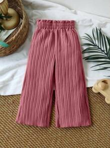 SHEIN Vintaside Kids Girls' Casual Elegant Sweet Loose Fit Wide Leg Striped Pink Heart Print Pants, Versatile For Spring, Summer, Autumn, Suitable For Vacation, Party, Daily Wear, School