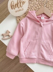 女婴纯色连帽拉链长袖连帽衫