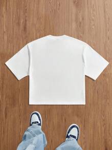 Claim Dot 男士时尚花卉印花宽松短款T恤，适合夏季，情侣装，男士短款上衣 - 白色 - 查看 2