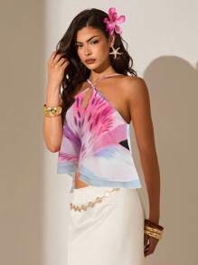 Glamine Blusa informal de escote halter con estampado floral para vacaciones - Rosa - Ver 5