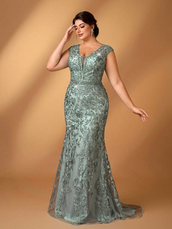 Serin Vestido de talla grande elegante en verde menta con encaje bordado, lentejuelas y cuentas, de manga corta abullonada y escote profundo en V, adecuado para bodas, fiestas, eventos, vacaciones, banquetes y madres de la novia
