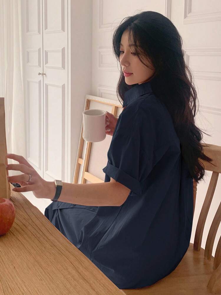 Women Loose Mid-Length Shirt Dress Short Sleeve Maxi Dress