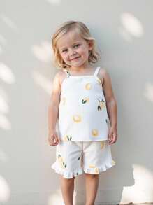 SHEIN Vintaside Kids Ensemble 2 pièces haut et pantalon pour bébé fille, en tissu jacquard décontracté, motif citron. À porter à l'extérieur, mignon et à la mode, doux et charmant. Convient pour le printemps et l'été, les vacances, le quotidien, la maison et les voyages.