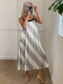 DAZY Women's Contrast Piecing Wrapping Pattern Full Print Camisole A-Line Nightgown Pajama - White - View 6