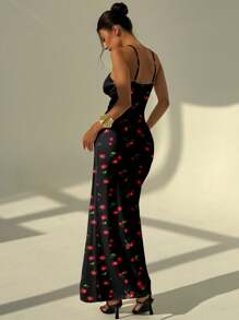 Aloruh 女士休闲优雅高开衩至大腿褶饰长款吊带裙，适合夏季日常穿着，樱桃印花