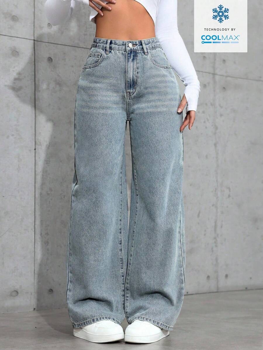 SHEIN ICON 休闲宽松高腰直筒牛仔裤 - 藍色 - 查看 1