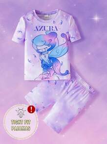 Pop Mart Azura X SHEIN 年轻女孩卡通扎染印花可爱梦幻高弹罗纹紧身睡衣 - 淡紫色 - 查看 1