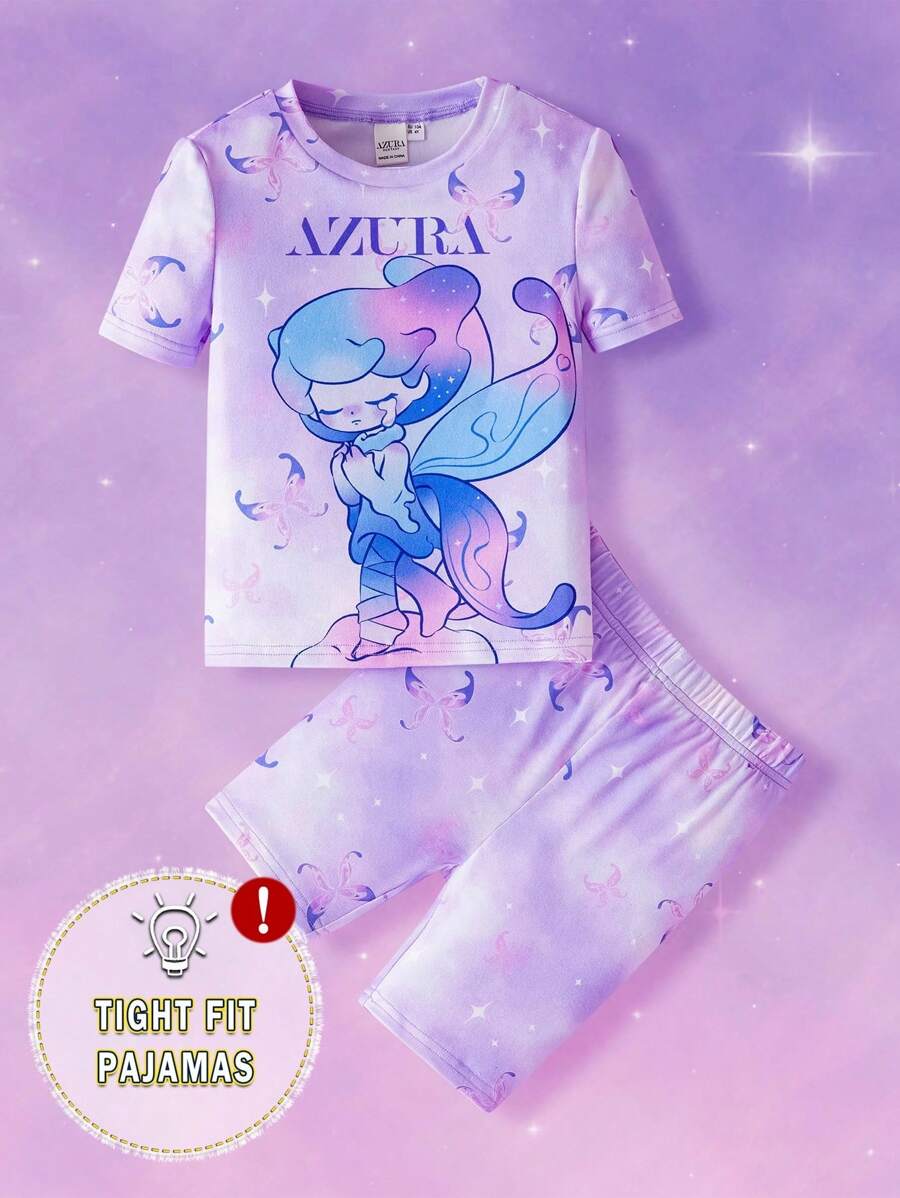 Pop Mart Azura X SHEIN 年轻女孩卡通扎染印花可爱梦幻高弹罗纹紧身睡衣 - 淡紫色 - 查看 1