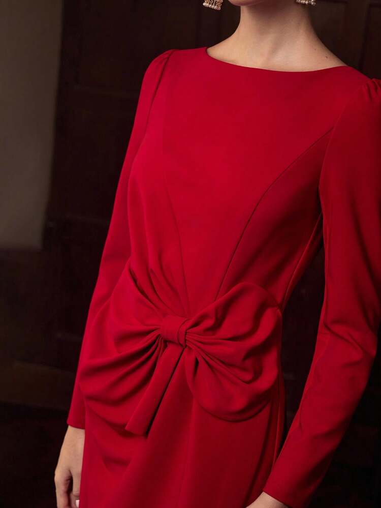 ZEYLAH Robe à manches longues avec nœud papillon à la taille, élégante pour l'automne/hiver