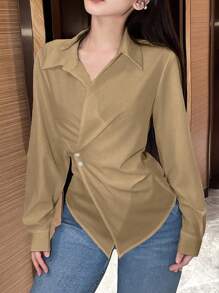 SHEIN Unity 女士纯色前纽扣长袖衬衫领简约衬衫，休闲日常穿着 - 卡其色 - 查看 6