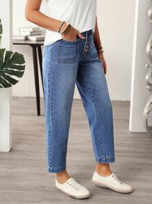 EMERY ROSE 大码女式休闲纽扣前袋设计7/8长牛仔裤 - 藍色 - 查看 4