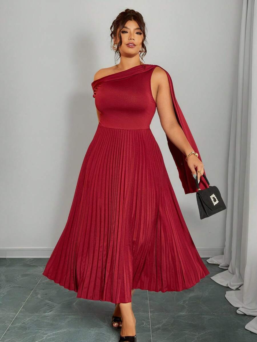 Elenzga 大码女式优雅针织拼布褶皱裙高腰连衣裙，酒红色