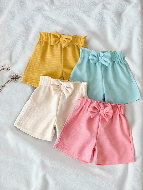 SHEIN Vintaside Kids Set de 4 piezas para bebé niña recién nacida a 3 años, nueva llegada primavera/verano, estilo dulce y casual, conjunto minimalista de onda de punto, shorts, adecuado para uso al aire libre