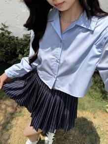 SHEIN 少女蓝色条纹百褶裙和百搭衬衫两件套校服套装 - 藍色 - 查看 4