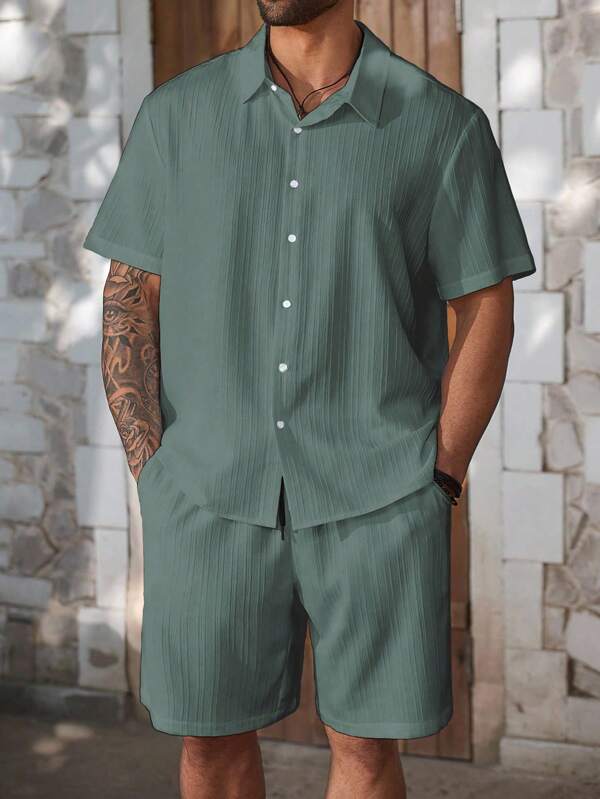 ResortEase Plus Size Men Summer Casual Solid Color Short Sleeve Shirt & Shorts Set