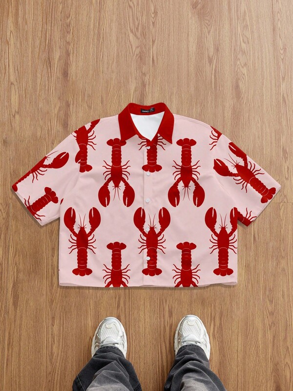 Manfinity Joysei Camisa casual de manga corta con estampado de langosta roja minimalista para hombres, adecuada para conjuntos de vacaciones de verano, a juego en pareja