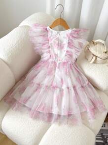 SHEIN 年轻女孩优雅圆领荷叶边下摆花卉印花连衣裙