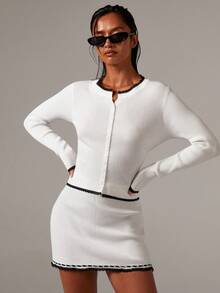 Athîral 2 Pieces Women's Color Block Trim Knitted Cardigan And Skirt Set,Black And White,Autumn,Elegant,Tea Party White Outfit Women Knit Set For Fall/Winter - White - View 2