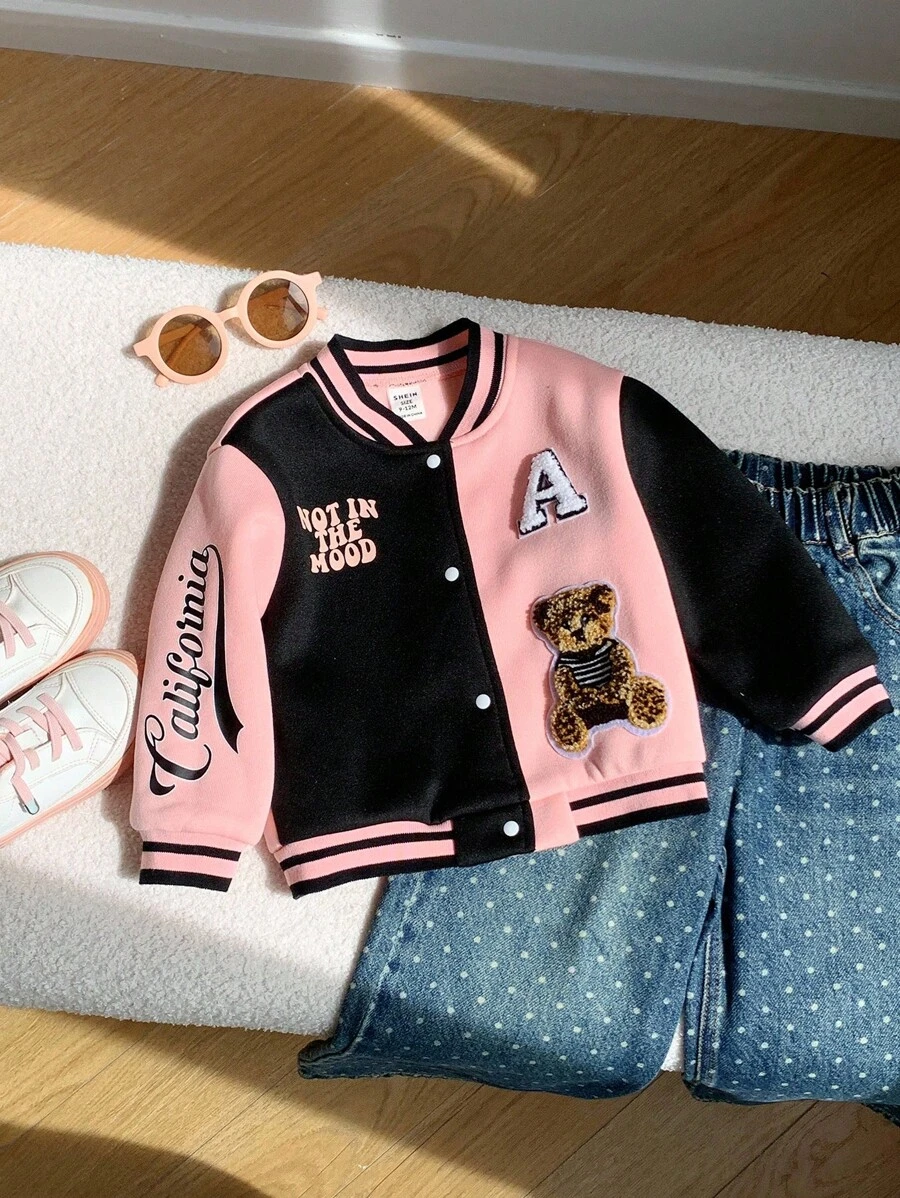 SHEIN Light Pink,Autumn,Cute,Back-To-School Baby Girl Casual Patchwork 3D Bear Chapter Varsity Jacket,Fashion Design Toddler Boy Soft Fabric Outerwear - Multicolor - View 1