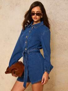 COSMINA 女式长袖腰带牛仔连体衣，复古款，秋季女装秋冬，商务休闲女装，Y2k 女装，西部女装 - 藍色 - 查看 1