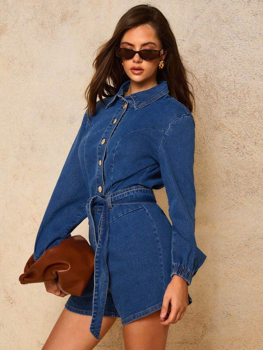 COSMINA 女式长袖腰带牛仔连体衣，复古款，秋季女装秋冬，商务休闲女装，Y2k 女装，西部女装 - 藍色 - 查看 1