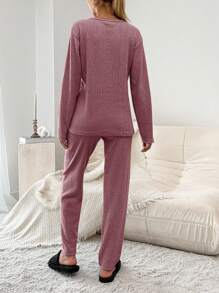 EURMUSE Butterfly & Letter Embroidery Ribbed Knit Homewear Set - Watermelon Pink - View 2