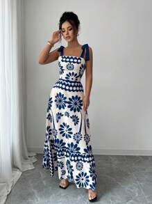 SHEIN PETITE Vestito lungo a canottiera casual con stampa in stile bohémien, privo di schiena