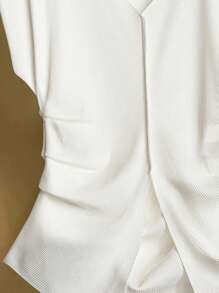 Franclia Elegant Solid Color Wide Shoulder Ruched Waist Tee, Summer - White - View 3