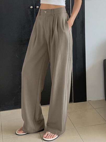 DAZY 女士纯色高腰褶裥阔腿宽松休闲裤商务装
