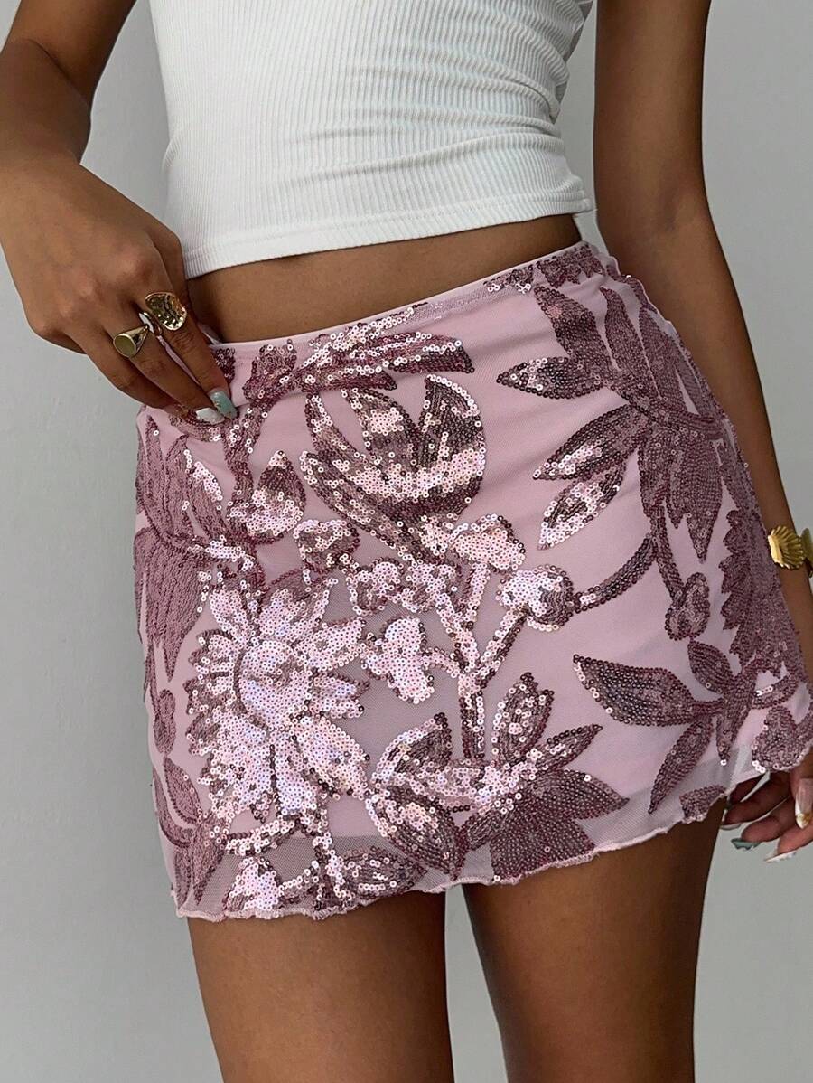 Aloruh Váy mini màu hồng thêu sequin thanh lịch cho nữ