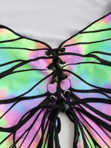 EgrlEra 女式甜心领蝴蝶结点缀喇叭袖荷叶边下摆 T 恤（随机颜色抽绳）Y2K 服装图案 T 恤女式上衣