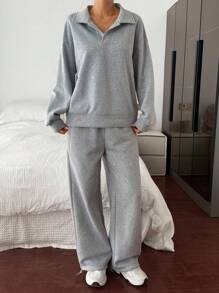 Livesso Set de 2 piese pentru femei, casual, culoare solidă, cu rever, mânecă lungă, top și pantaloni lejeri, treninguri, set de lenjerie pentru femei - Gri - Vizualizare 3