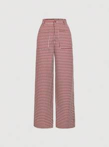 SHEIN MOD 红色格子口袋装饰学院风长裤