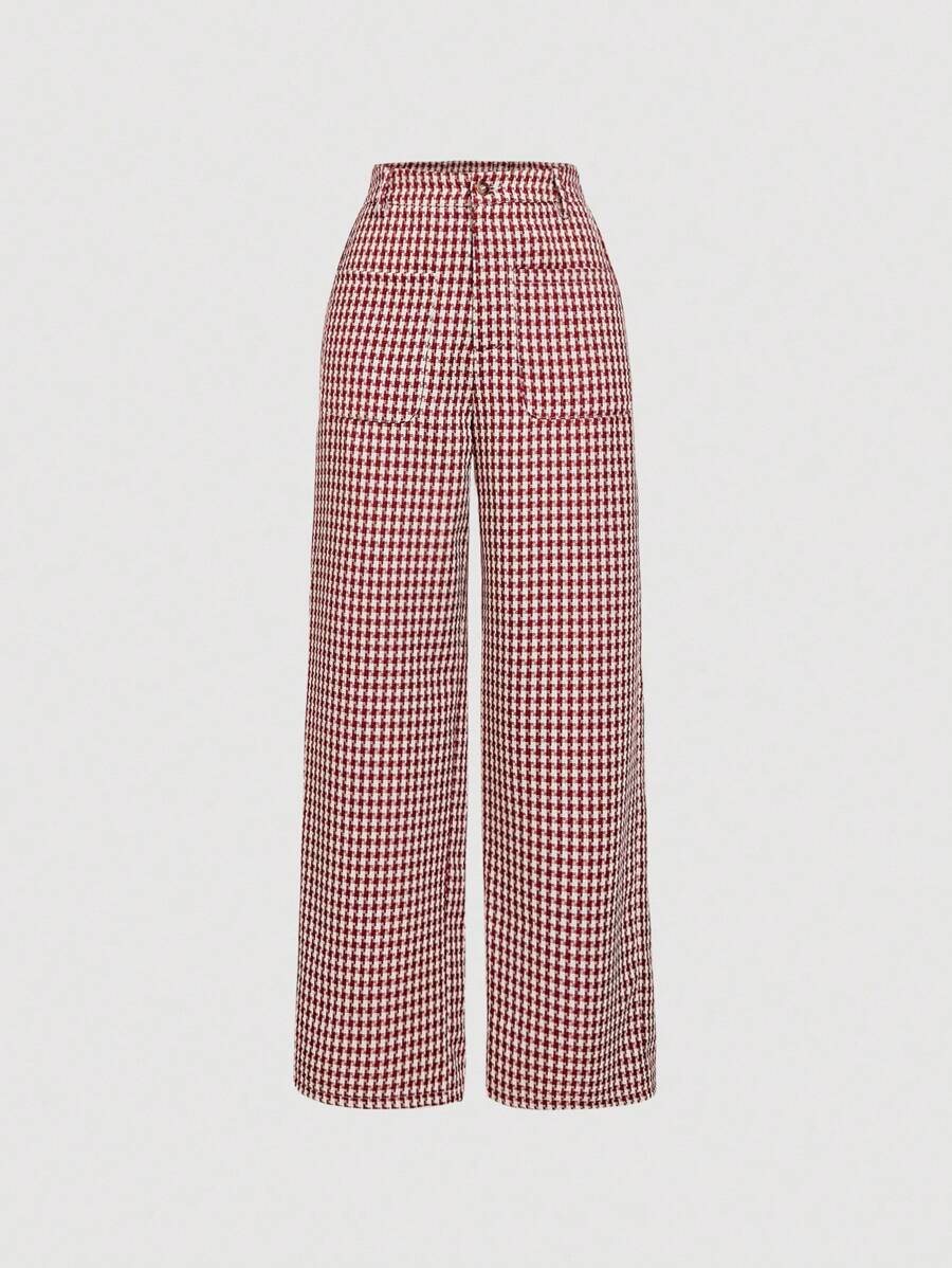 SHEIN MOD 红色格子口袋装饰学院风长裤