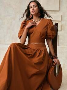 EMERY ROSE 编织纯色 V 领短款泡泡袖系带蝴蝶结腰裙 2 件套优雅休闲度假风格女士服装，春夏秋 - 卡其色 - 查看 9