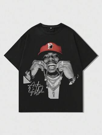 Street Life Camiseta de manga corta con estampado de retrato para hombres, adecuada para el uso diario en primavera/verano